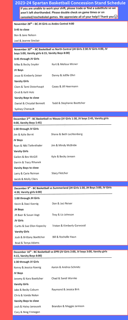 Basketball Concession Stand Schedule